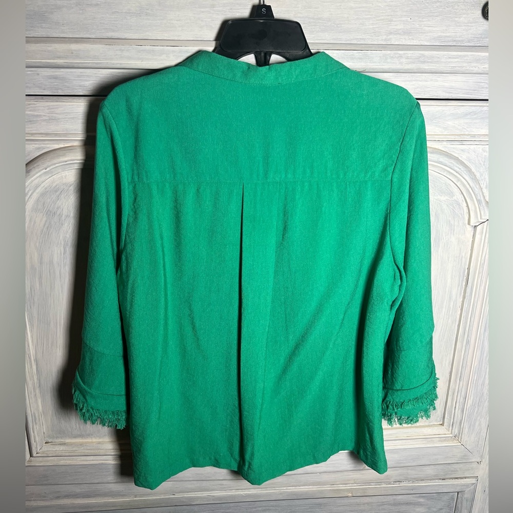 Boho Chic Green Collared Fringe Bell Sleeve Button Up Blouse Relaxed - Picture 6 of 6